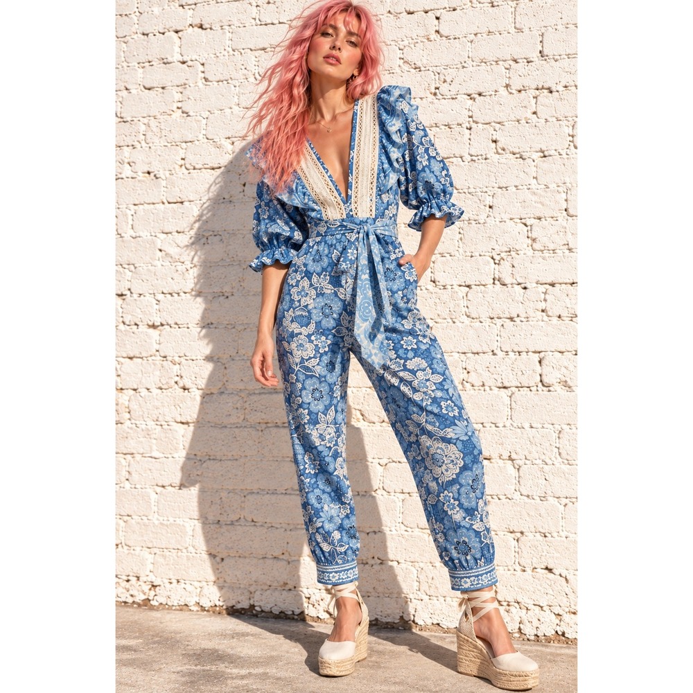 Farm Rio Blue Linen Full of Flowers Jumpsuit Lace Ruffle XS